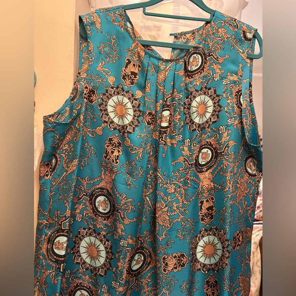 Talbots NWOT Silk File Top Zodiac Print sz 20 sleeveless turquoise, gold, white - Picture 4 of 15